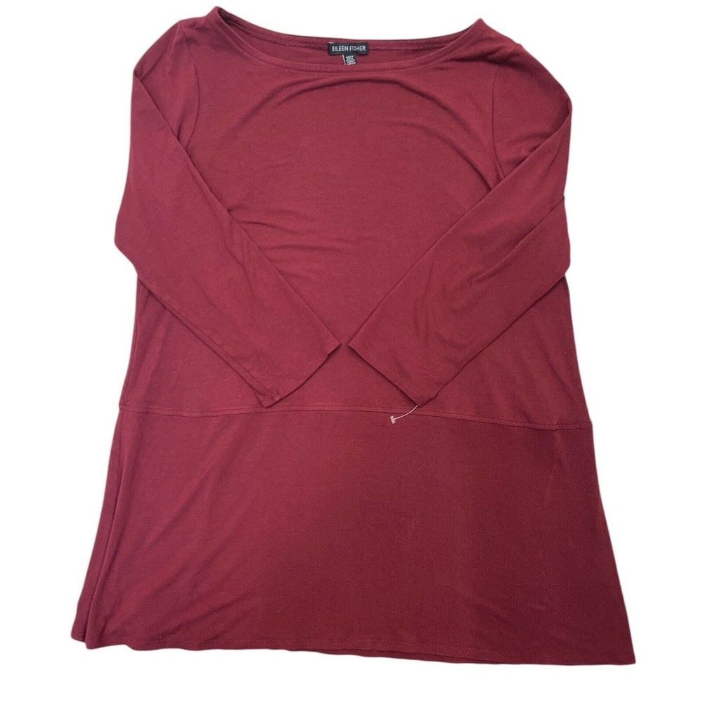 EILEEN‎ FISHER Top M Tunic Stretch Jersey Round Neck 3/4 Sleeve Burgundy Red USA